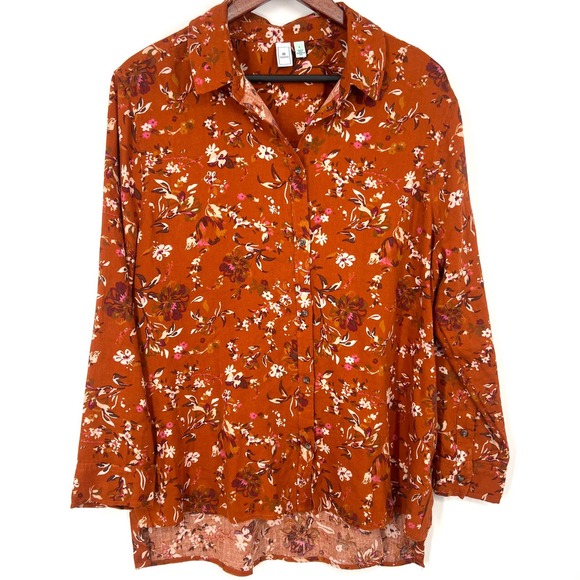 Susina Tops - Susina Womens Size L Large Burnt Orange floral Blouse Shirt Top